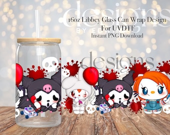16 oz Libbey Glass Can UVDTF Wrap Design. Cute Halloween Cartoon Character Design.
