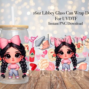 16 oz Libbey Glass Can UVDTF Wrap Design. Chicana Pink Bow Coquette Design.