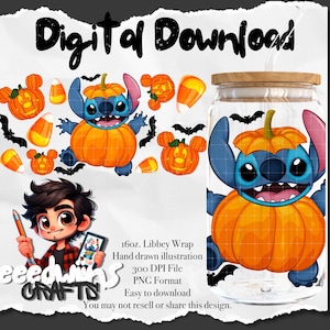16 oz Libbey Glass Can UVDTF Wrap Design. Cute Halloween Alien Cartoon Character Design.