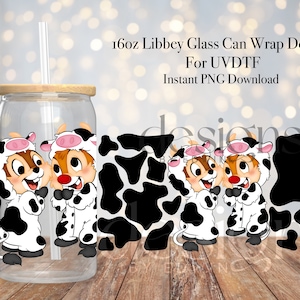 16 オンスの Libbey ガラス缶 UVDTF ラップ デザイン。かわいい牛のプリント デザイン。