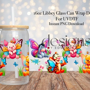 16-Unzen-Libbey-Glasdose im UVDTF-Wickeldesign. Schmetterlings-Frühlings-Cartoon-Design.