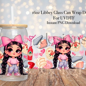 16 oz Libbey Glass Can UVDTF Wrap Design. Chicana Coquette Mexican Snacks Design.