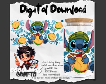 16 oz Libbey Glass Can UVDTF Wrap Design. Cute Talavera Sorta Cartoon Design.
