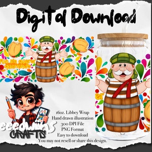 16 oz Libbey Glass Can UVDTF Wrap Design. Cute Dr. Talavera and Tortas Character Design.