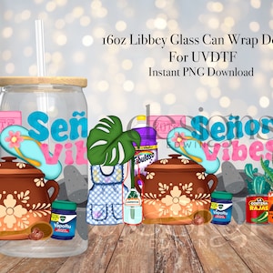 16 oz Libbey Glass Can UVDTF Wrap Design. Cute Señora Vibes Design.