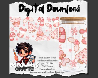 Op de afbeelding: Een digitale download van een handgetekend ontwerp van een 16oz Libbey-wikkel met een roze en wit kerstkoekjesontwerp. Het ontwerp bevat pepernoten, gingerbreadmen, sneeuwvlokken en andere kersttraktaties.