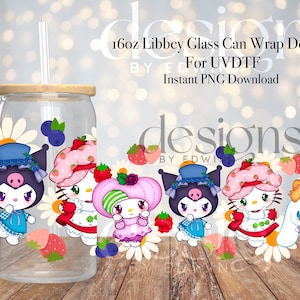 16 oz Libbey Glass Can UVDTF Wrap Design. Cute Berry Friends Cartoon Character Design.