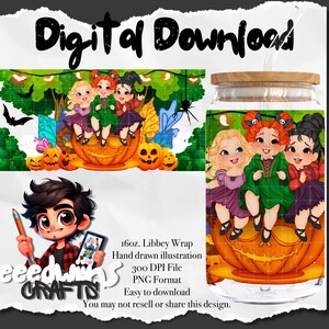 16 oz Libbey Glass Can UVDTF Wrap Design. Cute Halloween Tea Cups Ride Cartoon Character Design.