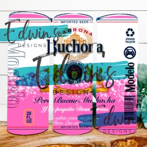 May include: A pink and blue can with a white label. The label has the text "Modelo" and "IMPORTED BEER" on it. The can also has a green recycling symbol and the text "please recycle".