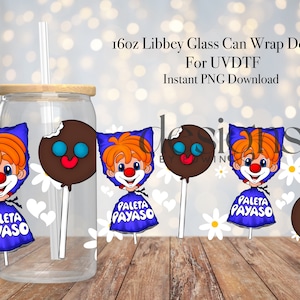 16 Unzen Libbey Glasdose Sublimationsdesign. Niedliches Paleta Payaso Design.