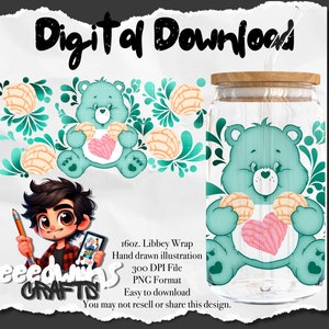 16 oz Libbey Glass Can UVDTF Wrap Design. Cute Concha Bear Cartoon Design.