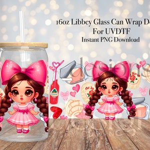 16 oz Libbey Glass Can UVDTF Wrap Design. Cute Pink Bow Coquette & Mexican Snacks Design.