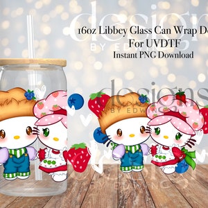 16 oz Libbey Glass Can UVDTF Wrap Design. Cute Berry Couple Cartoon Character Design.