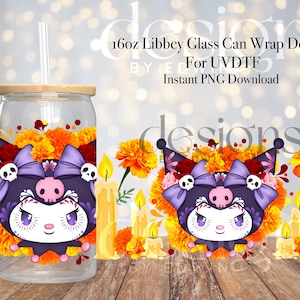 16 oz Libbey Glass Can UVDTF Wrap Design. Cute Dia De Los Muertos Cartoon Design.