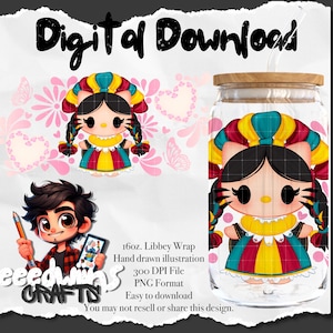 16 oz Libbey Glass Can UVDTF Wrap Design. Cute Muñeca De Trapo Cartoon Character Design.