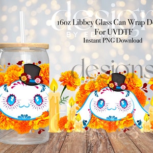 16 oz Libbey Glass Can UVDTF Wrap Design. Dia De Los Muertos Cute Cartoon Character Design.