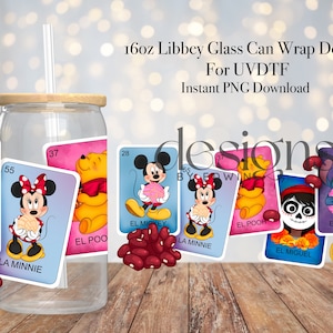 16 oz Libbey Glass Can UVDTF Wrap Design. Loteria Cartoon Design.