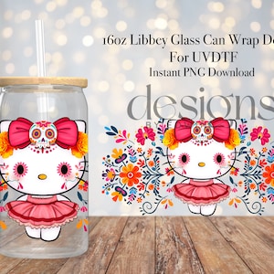 Design de envoltório UVDTF de lata de vidro Libbey de 16 onças. Design de personagem de desenho animado do Dia De Los Muertos