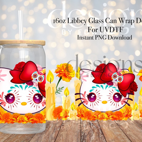 16 oz Libbey Glass Can UVDTF Wrap Design. Day Of The Dead Cartoon Design.