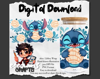 16 oz Libbey Glass Can UVDTF Wrap Design. Cute Talavera Concha Character Design.