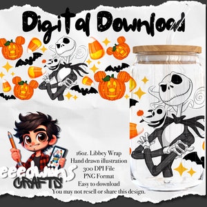 Diseño de envoltura UVDTF de lata de vidrio Libbey de 16 oz. Diseño de personajes de dibujos animados de dulces de Halloween.