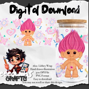 Design de envoltório UVDTF de lata de vidro Libbey de 16 onças. Design de personagem de desenho animado de brinquedo fofo dos anos 90.