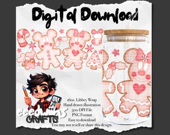 Op de afbeelding: Een digitale download van een handgetekende illustratie van een roze peperkoekkoekje met een snoepstok en een rood hart. Het koekje zit in een glazen pot met een rietje. De tekst "Digitale download" staat bovenaan de afbeelding. De tekst "eeedwins CRAFTS" staat onderaan de afbeelding. De tekst "16oz. Libbey Wrap" staat in het midden van de afbeelding. De tekst "Handgetekende illustratie" staat onder de tekst "16oz. Libbey Wrap". De tekst "300 DPI bestand" staat onder de tekst "Handgetekende illustratie". De tekst "PNG-formaat" staat onder de tekst "300 DPI bestand". De tekst "Eenvoudig te downloaden" staat onder de tekst "PNG-formaat". De tekst "Je mag dit ontwerp niet doorverkopen of delen." staat onder de tekst "Eenvoudig te downloaden".