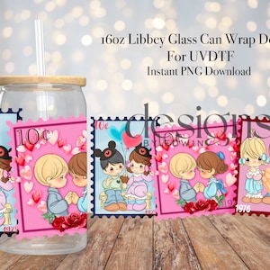 16 オンスの Libbey ガラス缶 UVDTF ラップ デザイン。バレンタイン ポスト カード スタンプ。