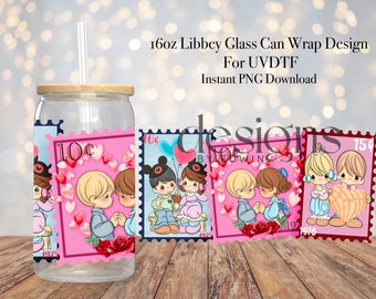 Diseño de envoltura UVDTF de lata de vidrio Libbey de 16 oz. Sellos de tarjetas postales de San Valentín.