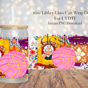 May include: A clear 16oz Libbey glass can with a bamboo lid and straw. The design features a pink concha, a bag of Abuelita hot chocolate, and a brown mug with floral accents. The design is for UVDTF applications.