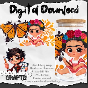 16 oz Libbey Glass Can UVDTF Wrap Design. Cute Talavera Mariposa Cartoon Character.