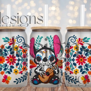 Conception de sublimation de canette en verre Libbey de 16 oz. Conception de personnages de dessins animés Dia De Los Muertos