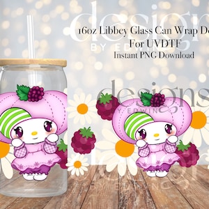 16 oz Libbey Glass Can UVDTF Wrap Design. Raspberry Cartoon Character Design.