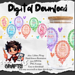 May include: A clear glass Libbey wrap with a wooden lid, featuring colorful illustrations of bunny characters in oval frames. The design includes the text "Digital Download" and "eeedwins CRAFTS". The wrap is 16oz.