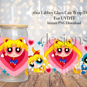 16 oz Libbey Glass Can UVDTF Wrap Design. Cute 90's Cartoon Character Design.