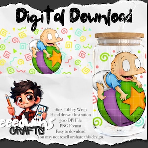 16 oz Libbey Glass Can UVDTF Wrap Design. Cute 90s Cartoon Character Design.
