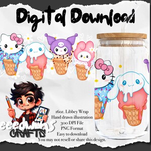 16-Unzen-Libbey-Glasdose im UVDTF-Wickeldesign. Niedliches Eiscreme-Cartoon-Design.