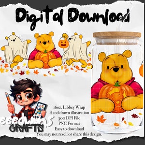 16 oz Libbey Glass Can UVDTF Wrap Design. Cute Halloween Pumpkin Cartoon Character Design.