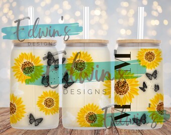 Design a sublimazione per lattine di vetro da 16 once. Disegno mamma girasole.