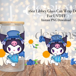 16 oz Libbey Glass Can UVDTF Wrap Design. Cute Blueberry Cartoon Character Design.