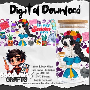 16 Unzen Libbey Glasdose UVDTF Wrap Design. In meinem Señora Era Cartoon Charakter Design.