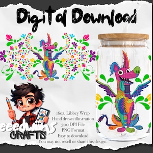 16 oz Libbey Glass Can UVDTF Wrap Design. Cute Talavera Alebrije Cartoon Character Design.