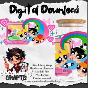 16 oz Libbey Glass Can UVDTF Wrap Design. Cute 90s Cartoon TV Show Character Design.