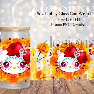 16 oz Libbey Glass Can UVDTF Wrap Design. Cute Dia De Muertos Character Design.