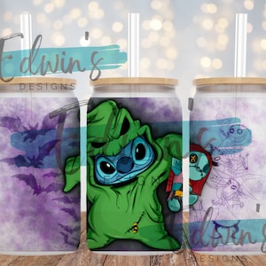 May include: Three white tumblers with lids and straws. The tumblers feature a purple and blue watercolour background with bats. One tumbler has a green Stitch character dressed as a ghost. Another tumbler has a red and white Sally character from The Nightmare Before Christmas.