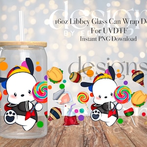 16 oz Libbey Glass Can UVDTF Wrap Design. Cute Cartoon Character Design.