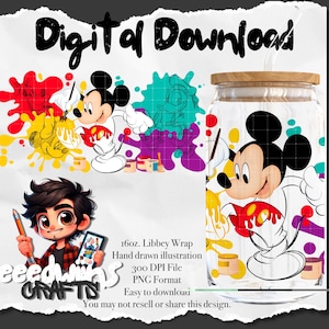 16 oz Libbey Glass Can UVDTF Wrap Design. Cute Painter Cartoon Character Design.