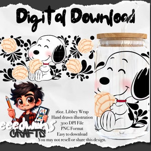 16 oz Libbey Glass Can UVDTF Wrap Design. Cute Talavera Concha Cartoon Character Design.