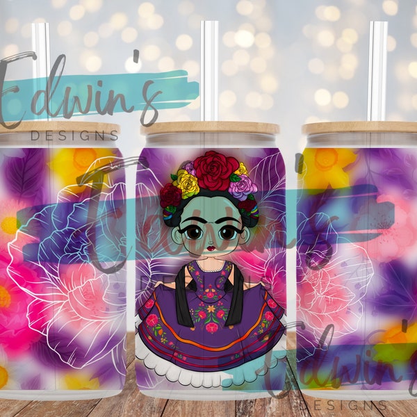 16 oz Glass Can Sublimation Design. Frida Kahlo  Cartoon Design.