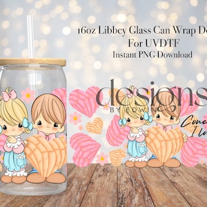 16 オンスの Libbey ガラス缶 UVDTF ラップ デザイン。Concha See I Love You Valentines。